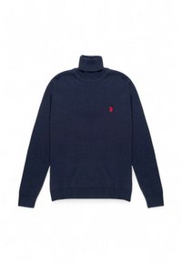 Maglione a collo alto blu navy realizzato in materiale morbido, con maniche lunghe e un piccolo logo rosso sul petto. Vista dall'alto.