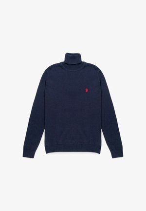 Maglione a collo alto blu navy realizzato in materiale morbido, con maniche lunghe e un piccolo logo rosso sul petto. Vista dall'alto.
