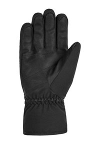 Black winter glove featuring leather and synthetic materials, five-finger design, elastic wrist, and textured surface for grip.