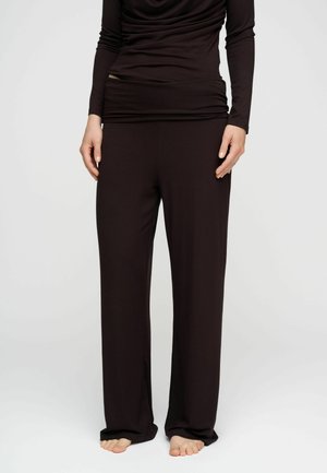 Pantaloni neri a gamba larga con una texture liscia, tessuto elasticizzato e vita alta. Progettati per il comfort, adatti per l'abbigliamento casual.