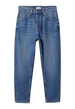 Niebieskie dżinsy z wysokim stanem, prostymi nogawkami, zapinane z przodu na guziki i zamek błyskawiczny, z pięcioma kieszeniami.