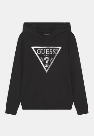 Sweat à capuche noir en tissu doux avec un grand logo triangulaire argenté accompagné de texte. Le modèle comprend une poche avant et des poignets côtelés.