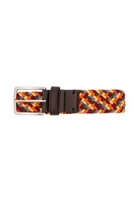 Woven fabricowy pasek w kolorach czerwonym, pomarańczowym, żółtym i fioletowym z brązowym skórzanym akcentem. Srebrna metalowa klamra o prostej prostokątnej formie.