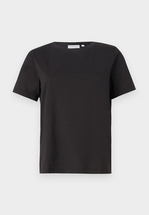 T-shirt en coton noir à manches courtes, avec un col rond et un design simple et épuré. Pas de motifs ou d'ornements visibles.