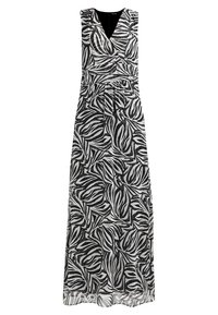 Robe maxi en noir et blanc avec un motif de feuilles. Présente un décolleté en V et un design sans manches. Fabriquée en tissu léger avec une taille froncée.