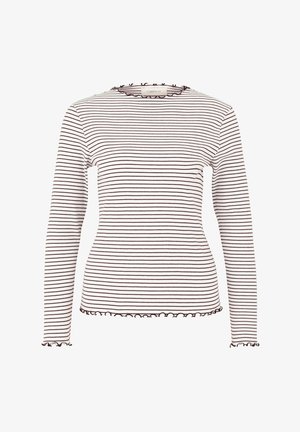 Langslavige top met een witte basis en dunne donkerbruine horizontale strepen, ribbeltextuur en een gerimpelde halslijn en manchetten.