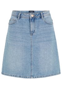Jasnoniebieska spódnica dżinsowa o rozkloszowanym kształcie, z zapięciem na guziki z przodu i pięcioma kieszeniami. Posiada obszyty dół i brak wzorów.