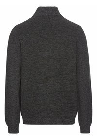 Dunkelgrauer gestrickter Pullover mit gerippter Textur, hohem Kragen und langen Ärmeln. Schlichtes Design ohne Verzierungen oder Muster.