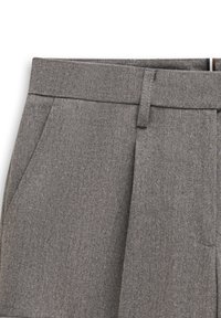 Graue Hosen aus strukturiertem Stoff, mit flachem Frontdesign, seitlichen Taschen und einer einzigen Gürtelschlaufe.