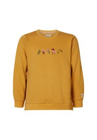 Gul sweatshirt med broderade blommor och svampdesigner. Har ett ribbat halsringning och ärmar samt sprund på sidorna av fållen.