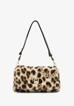 Leopard-print faux fur handbag with a black leather shoulder strap and a gold chain accent. Features a gold logo plaque on the front.