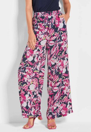 Blumige weite Stoffhose in Marineblau mit lebhaftem rosa und lila Blumendruck. Mit einem gerafften Bund und seitlichen Taschen.