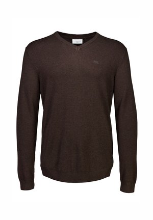 Donkerbruine gebreide trui met een V-hals ontwerp, lange mouwen en geribde boorden. Subtiele logo-detail op de borst. Zachte textuur.