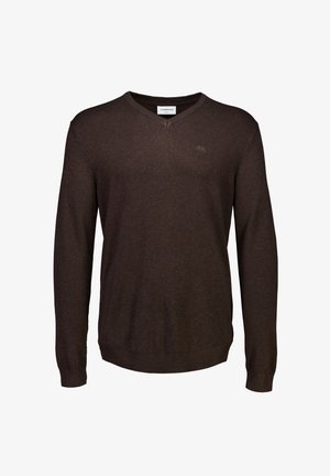 Donkerbruine gebreide trui met een V-hals ontwerp, lange mouwen en geribde boorden. Subtiele logo-detail op de borst. Zachte textuur.