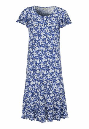 Blauw-witte bloemenjurk tot op de knie met korte zwierige mouwen, ronde halslijn en gerafelde zoom.