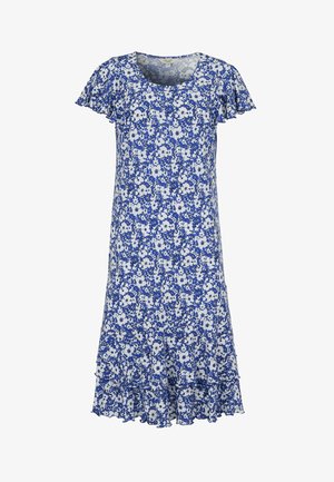 Blå og hvid blomstret knælængde kjole med korte flagrende ærmer, rund halsudskæring og flæsekant.