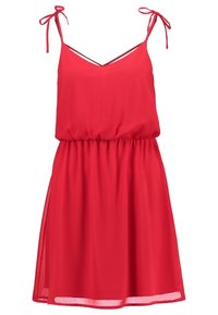 Rotes ärmelloses Kleid mit dünnen Trägern und V-Ausschnitt. Verfügt über einen gerafften elastischen Bund und einen fließenden Rock, gefertigt aus leichtem Stoff.