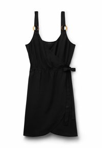 Vestido negro tipo envolvente con tirantes anchos, detalles en hardware dorado, cintura elástica y lazo lateral. Tejido suave y liso con un diseño drapeado.