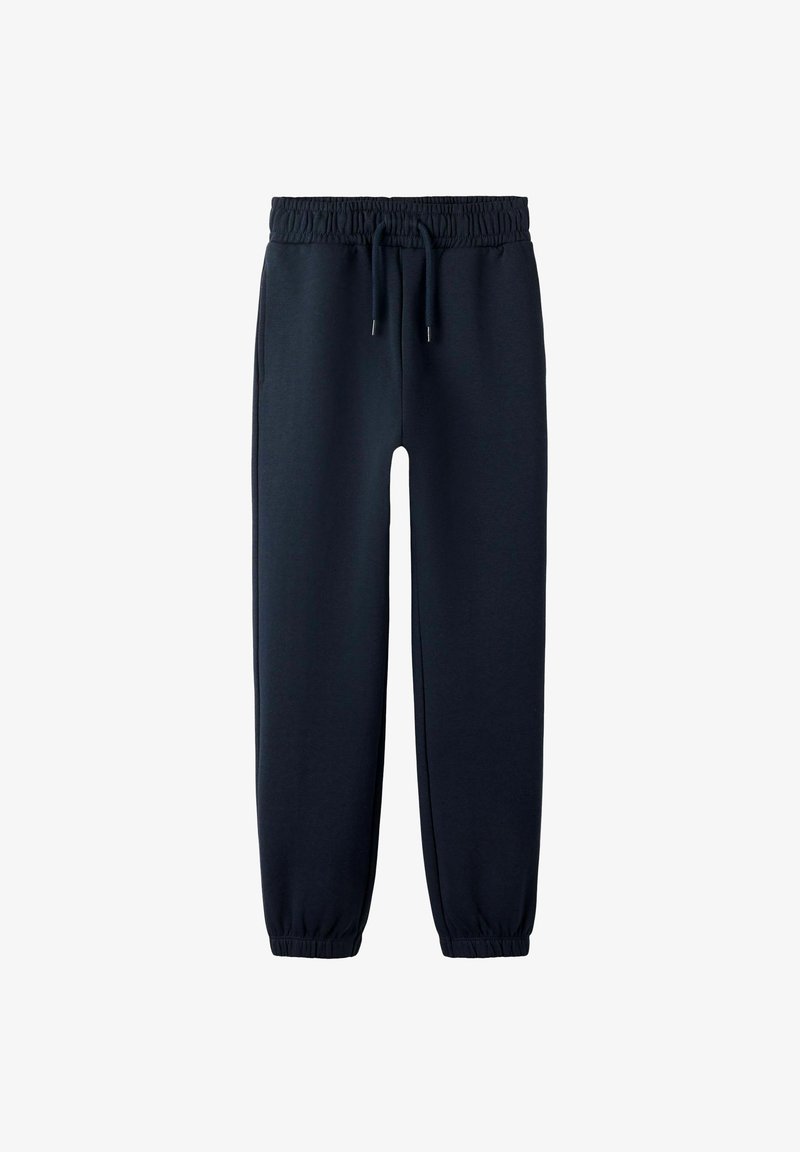 Pantalones de chándal azul marino con cintura elástica, cordón ajustable, piernas ajustadas y puños elásticos.