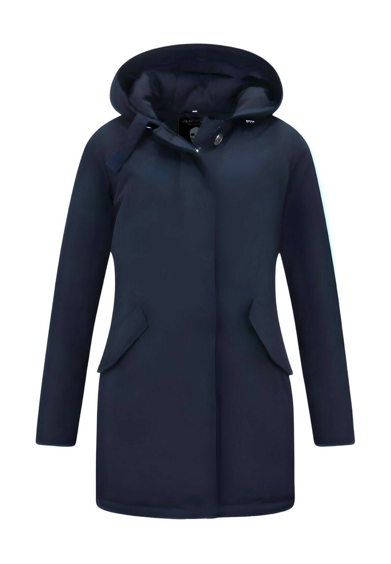 Marineblauwe waterdichte jas met capuchon, knoopsluiting, twee voorzakken en een gladde textuur. Getailleerde pasvorm met lange mouwen.