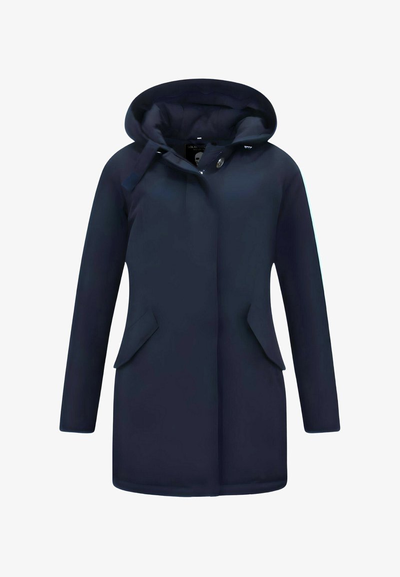 Marineblauwe waterdichte jas met capuchon, knoopsluiting, twee voorzakken en een gladde textuur. Getailleerde pasvorm met lange mouwen.