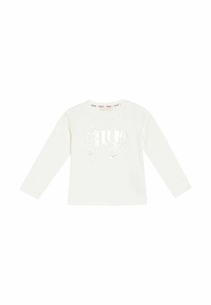 Weißes Kinderlangarmshirt mit Rundhalsausschnitt und einem dezenten, glänzenden Logodesign auf der Brust.