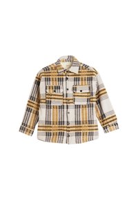 Flannel skjorte i hvid med et gult, gråt og sort ternet mønster. Ejer to frontlommer og knaplukning. Lange ærmer.