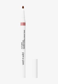 Matita per labbra bianca con punta affusolata e banda di accento rosa, etichettata "perfectpout lip liner stain," accompagnata da un cappuccio bianco.