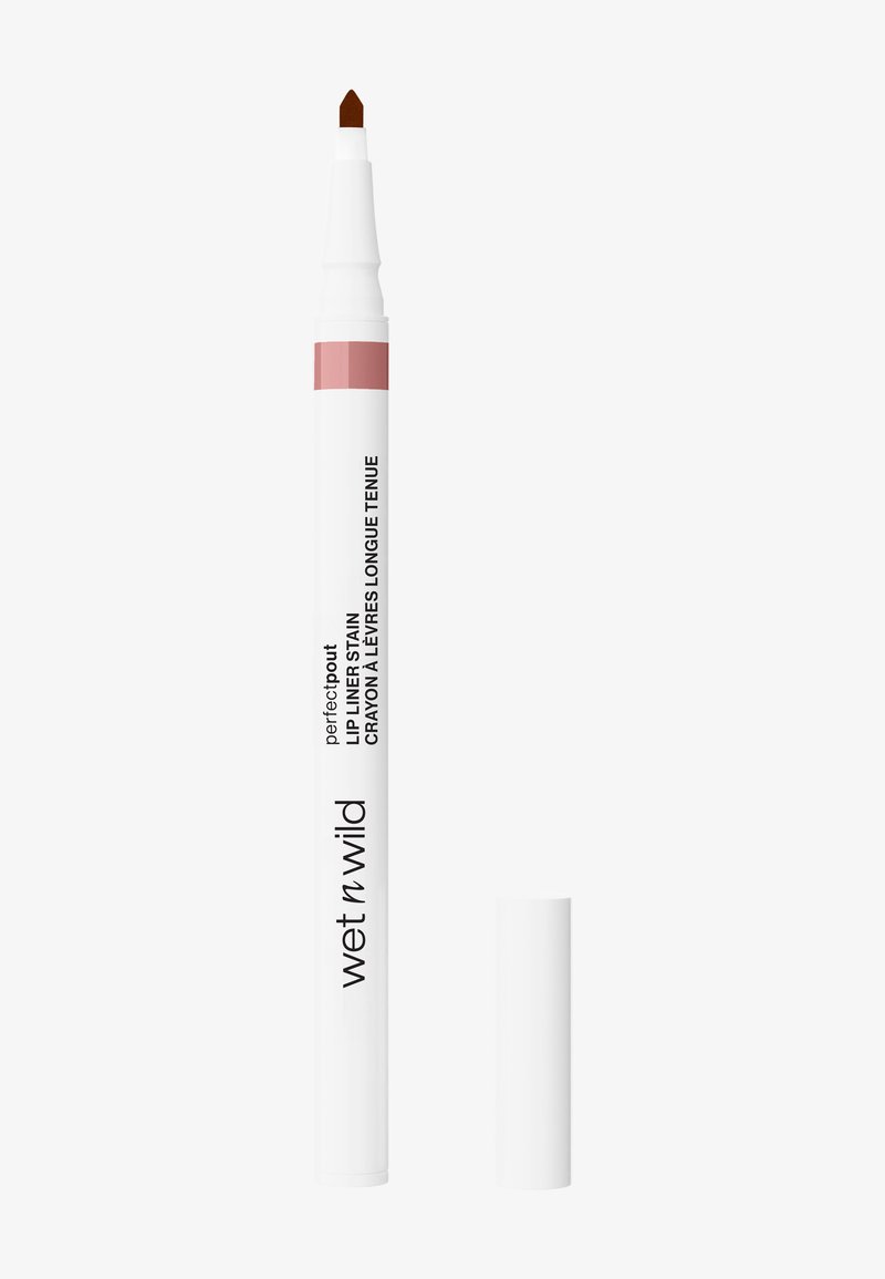 Matita per labbra bianca con punta affusolata e banda di accento rosa, etichettata "perfectpout lip liner stain," accompagnata da un cappuccio bianco.