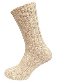 Calza beige lavorata a maglia con texture a coste, bordo superiore scallop e punta rinforzata. Realizzata in morbido filato dall'aspetto naturale.