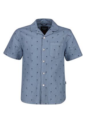Niebieska koszula z krótkim rękawem, w wzór palmowych drzew, z zapięciem na guziki z przodu, pojedynczą kieszenią na piersi oraz klasycznym kołnierzykiem. Wykonana z lekkiego materiału.