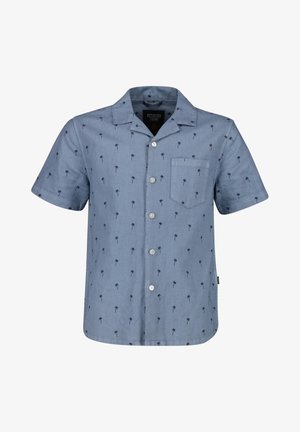 Korte mouwen blauwe shirt met palmbomendessin, knoopsluiting aan de voorkant, enkele borstzak en een klassieke kraag. Gemaakt van lichtgewicht stof.