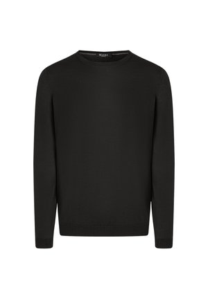 Black long-sleeve crew neck sweater with ribbed cuffs and hem, plain design, displayed on a white background.