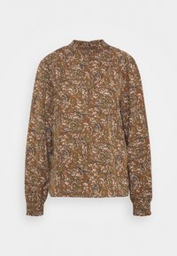 Brown long-sleeve blouse with a floral pattern featuring white flowers and green foliage; gathered neckline and elasticized cuffs.