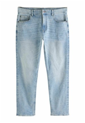 Jeans de mezclilla azul claro con corte recto, cinco bolsillos y un sutil patrón de desgaste. Cuentan con una cinturilla robusta y cierre de botón metálico.