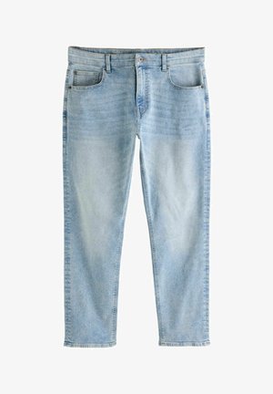 Lichtblauwe denim jeans met een rechte snit, vijf zakken en een subtiele vervaging. Heeft een stevige tailleband en metalen knoopsluiting.