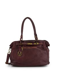 Burgundy leather handbag with dual handles, detachable shoulder strap, zipper pocket, and gold-tone hardware details. Textured finish.