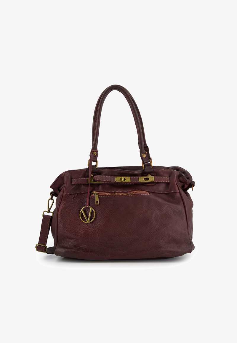 Burgundy leather handbag with dual handles, detachable shoulder strap, zipper pocket, and gold-tone hardware details. Textured finish.
