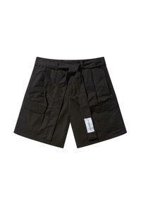 Black cargo shorts made of cotton, featuring a belt, pleats, and two side pockets with a label detail.