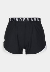 Svarta sportshorts med en bred midjeresår med texten "UNDER ARMOUR" i vitt. Shortsen har en slät textur och vita detaljer på sidorna.