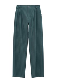 Groene broek met een fijne streep, hoge taille, geplooide voorkant en losse pasvorm. Voorzien van een knoopsluiting en riemlussen.