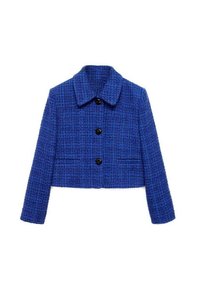 Giacca blu in tweed tagliata con un motivo testurizzato, bottoni neri e colletto aperto. Presenta due tasche frontali.