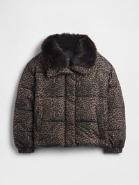 Steppjacke mit Leopardenmuster in Braun- und Schwarztönen, mit pelzgefüttertem Kragen, elastischen Bündchen und Knopfverschluss.