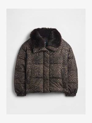 Puffer jacket with leopard print pattern, brown and black colors, fur-lined collar, elastic cuffs, and button closure.