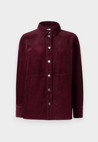 Bordeaux korduroy overhemd met lange mouwen, knoopsluiting aan de voorkant, puntige kraag en zilverkleurige knopen. Geweven verticale ribbels.