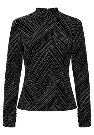 Schwarzes Langarmoberteil mit silbernen diagonalen Streifen und einem hohen Kragen. Verfügt über geraffte Manschetten und einen strukturierten, glitzernden Stoff.