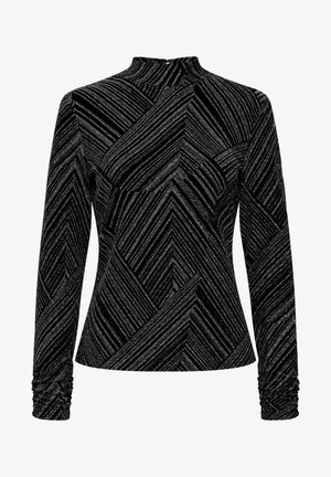 Schwarzes Langarmoberteil mit silbernen diagonalen Streifen und einem hohen Kragen. Verfügt über geraffte Manschetten und einen strukturierten, glitzernden Stoff.