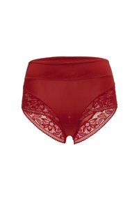 Rote hochgeschnittene Panties aus durchscheinendem Material. Mit zarten floralen Spitze-Akzenten an den Seiten und einem gewellten Saum.