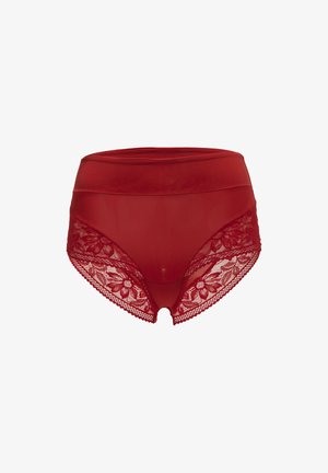 Røde højtaljede trusser lavet af gennemsigtigt stof. Har delikate blonder i blomsterdesign langs siderne og en bølget kant.