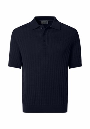 Marineblaues kurzärmeliges Poloshirt mit strukturiertem Karomuster und Drei-Knopf-Leiste.
